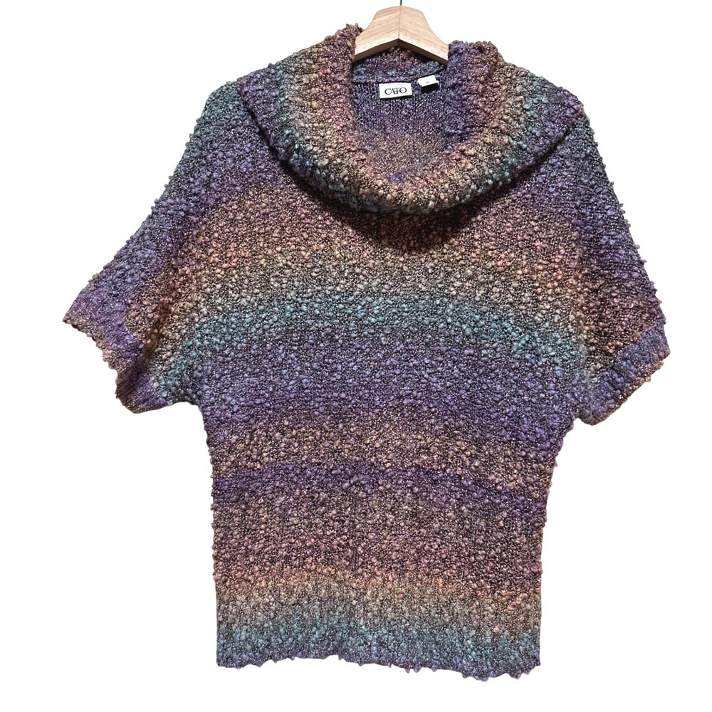 Cato Womens XL Cowl Neck Popcorn Knit Sweater Short Sleeve Ombre Metallic Purple